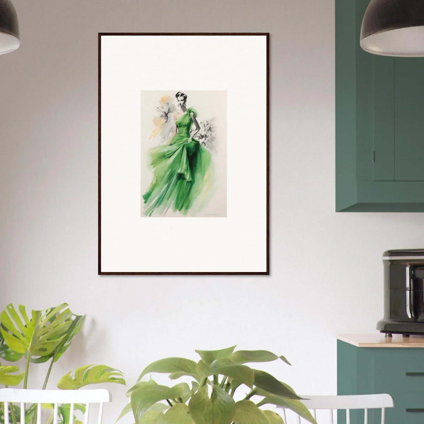 Framed wall art of a flowing emerald green gown from Viscous Emerald Whirl special edition art™