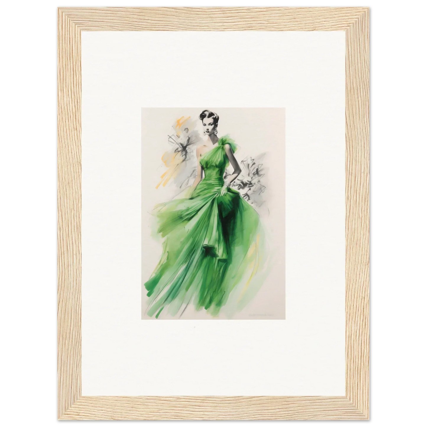 Fashion illustration of a flowing emerald green evening gown in Viscous Emerald Whirl