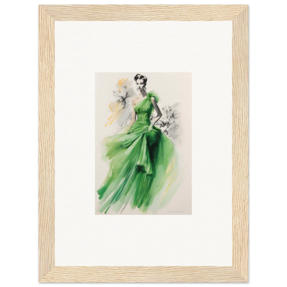 Fashion illustration of a flowing emerald green evening gown in Viscous Emerald Whirl