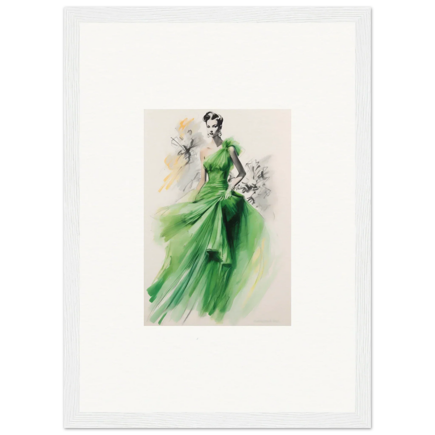 Fashion illustration of a flowing emerald green evening gown from Viscous Emerald Whirl