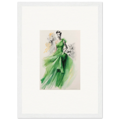 Fashion illustration of a flowing emerald green evening gown from Viscous Emerald Whirl