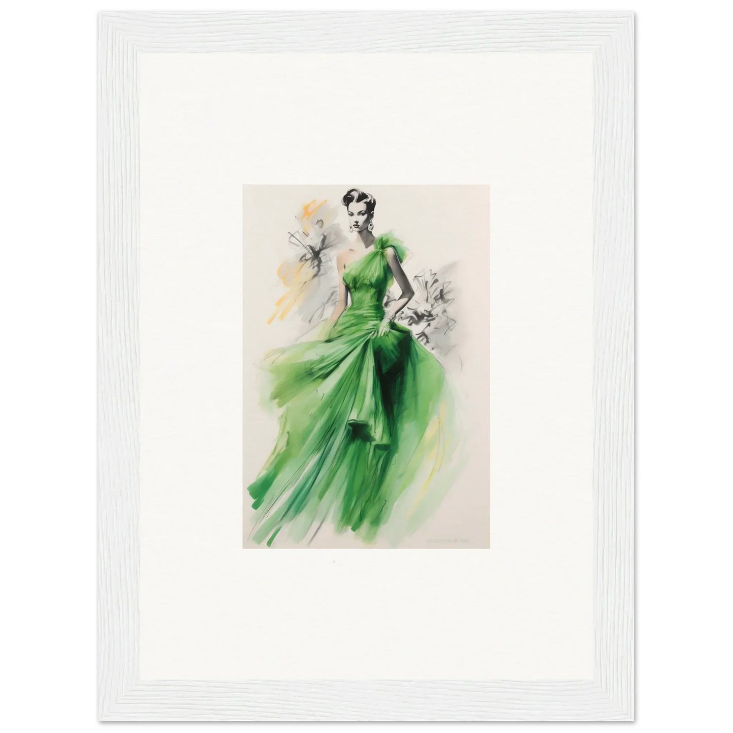 Elegant fashion illustration of a flowing emerald green gown from Viscous Emerald Whirl special edition art™