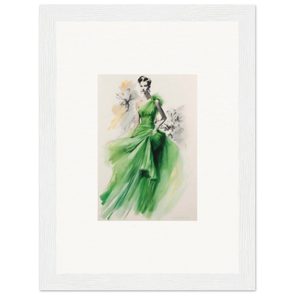 Elegant fashion illustration of a flowing emerald green gown from Viscous Emerald Whirl special edition art™