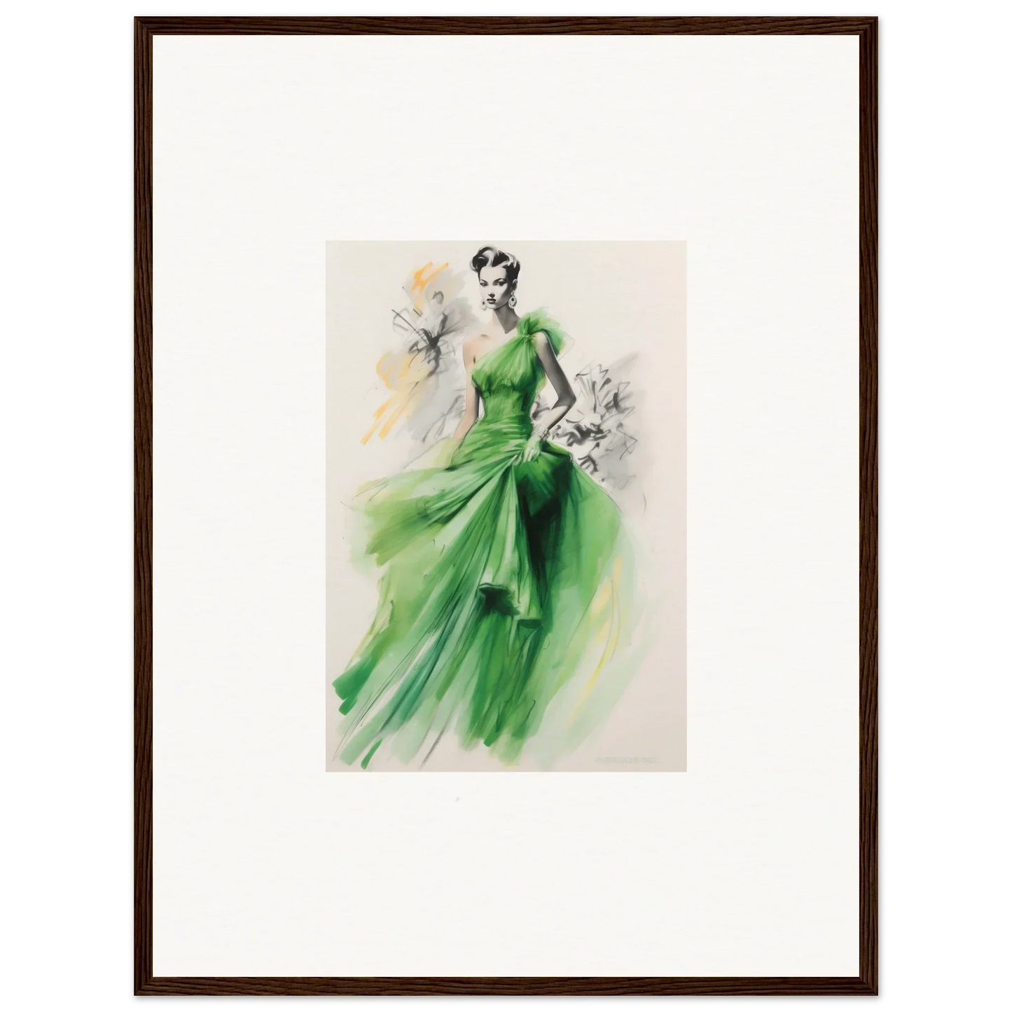 Fashion illustration of a flowing emerald green evening gown, Viscous Emerald Whirl art