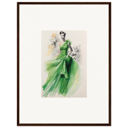 Fashion illustration of a flowing emerald green evening gown, Viscous Emerald Whirl art