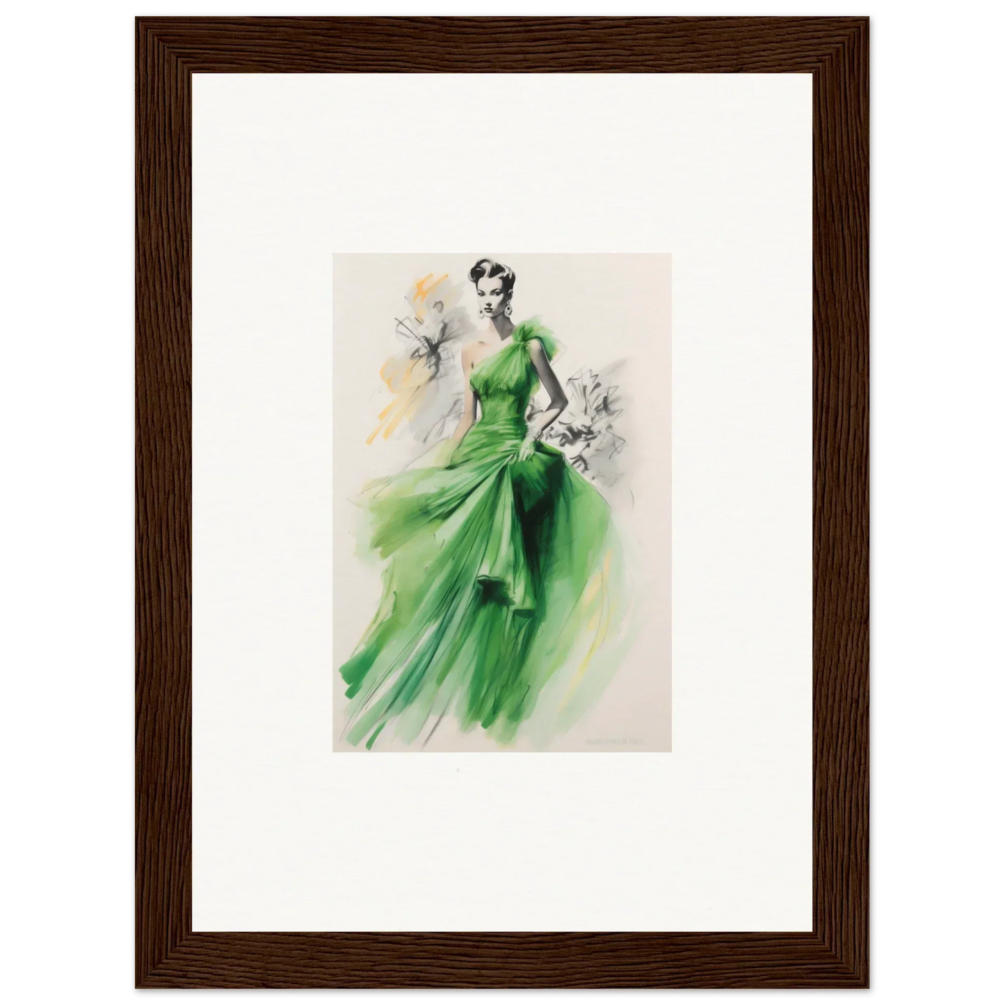 Fashion illustration of a chic figure in Viscous Emerald Whirl framed wall art