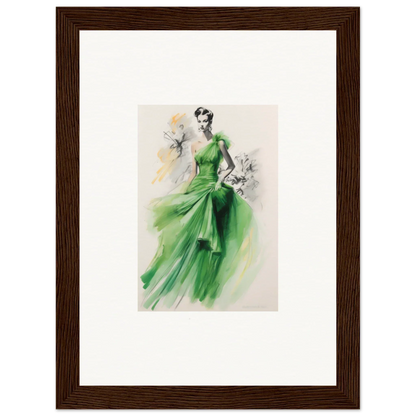 Fashion illustration of a chic figure in Viscous Emerald Whirl framed wall art