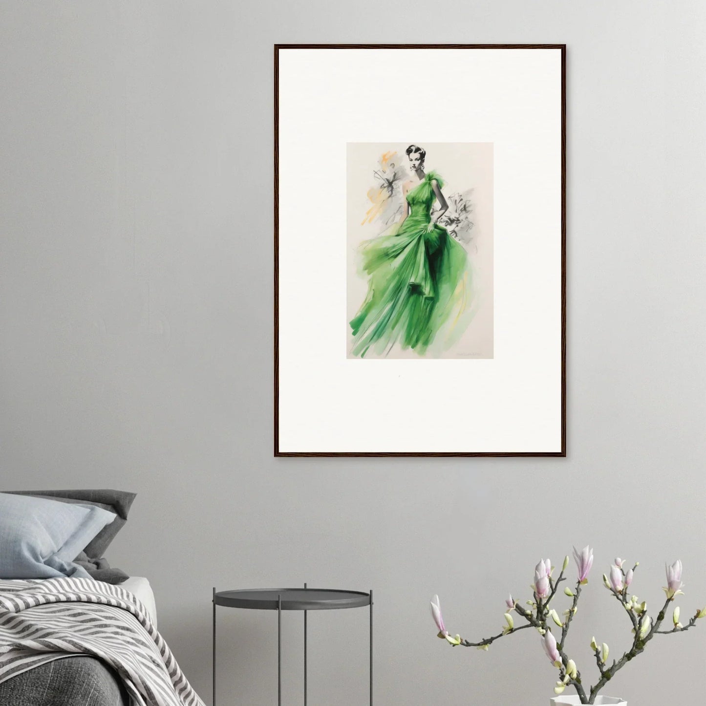 Watercolor fashion illustration of Viscous Emerald Whirl elegant green gown, special edition art