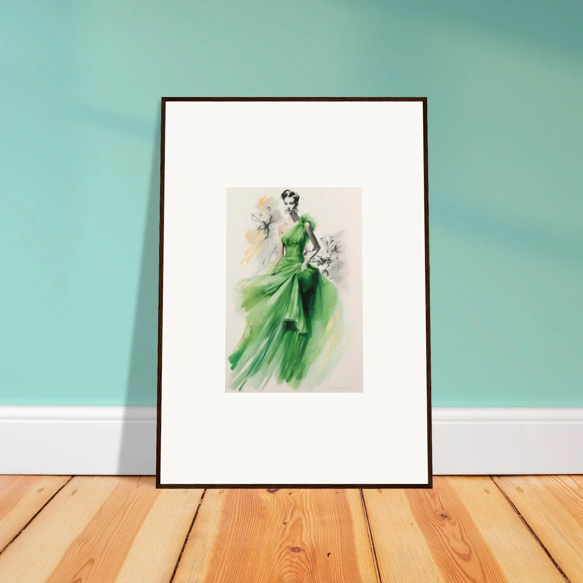 Framed wall art of Viscous Emerald Whirl showcasing a flowing emerald green gown