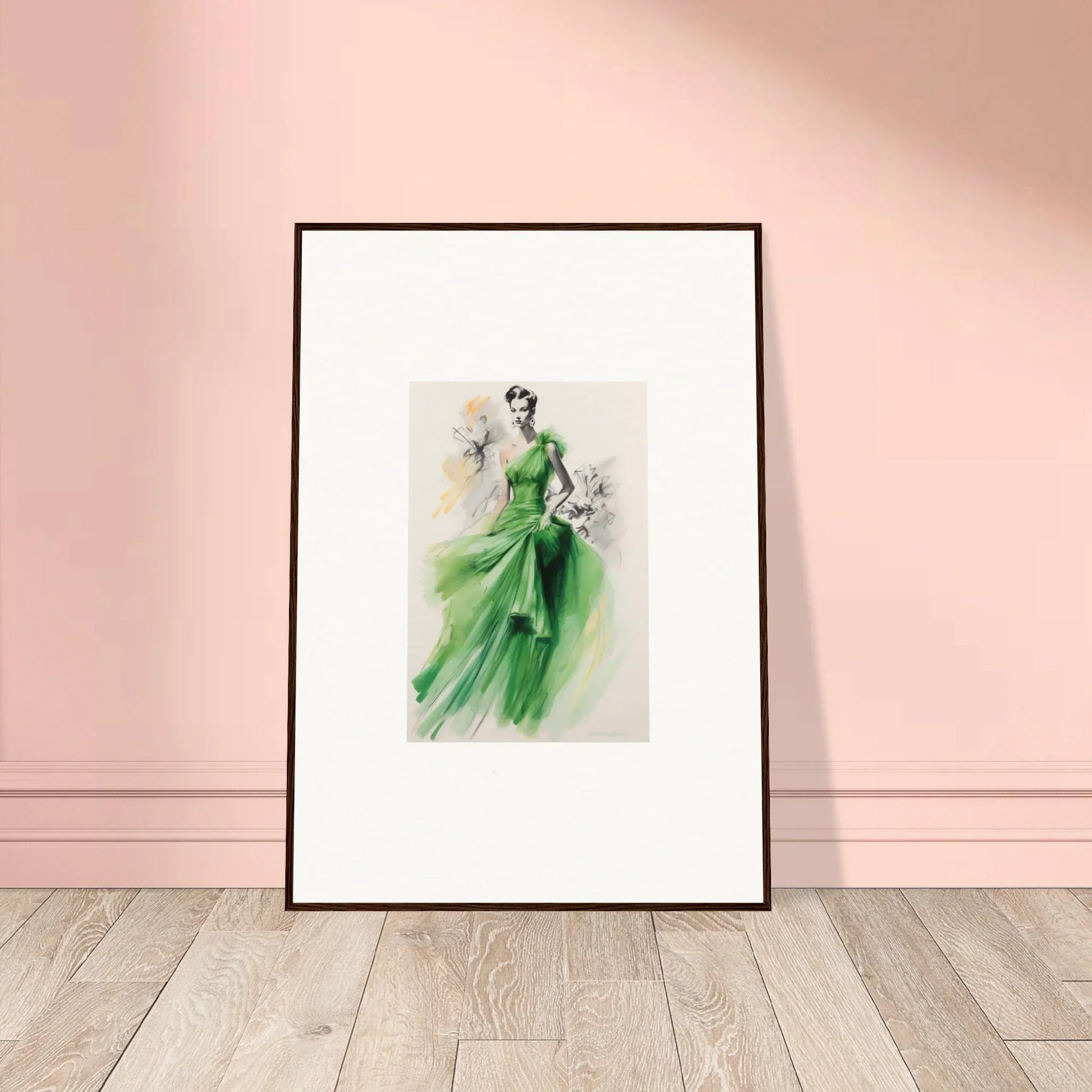 Framed wall art of a flowing emerald gown from the Viscous Emerald Whirl collection