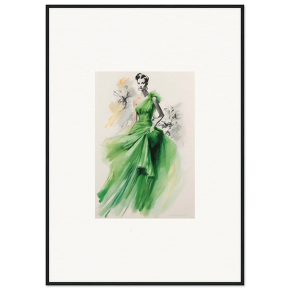 Elegant fashion illustration of the Viscous Emerald Whirl evening gown for framed wall art