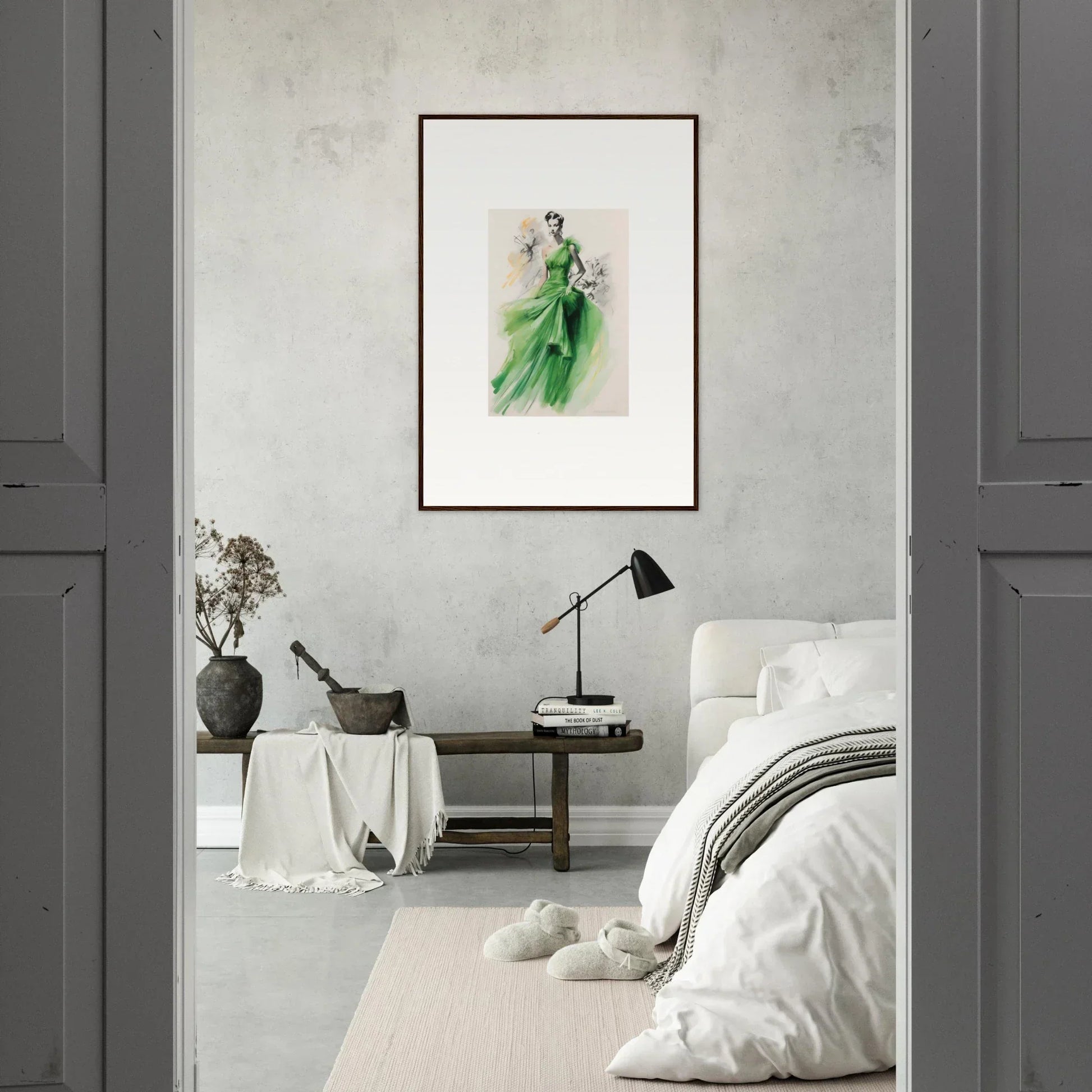 Framed watercolor of a figure in a flowing green dress from Viscous Emerald Whirl