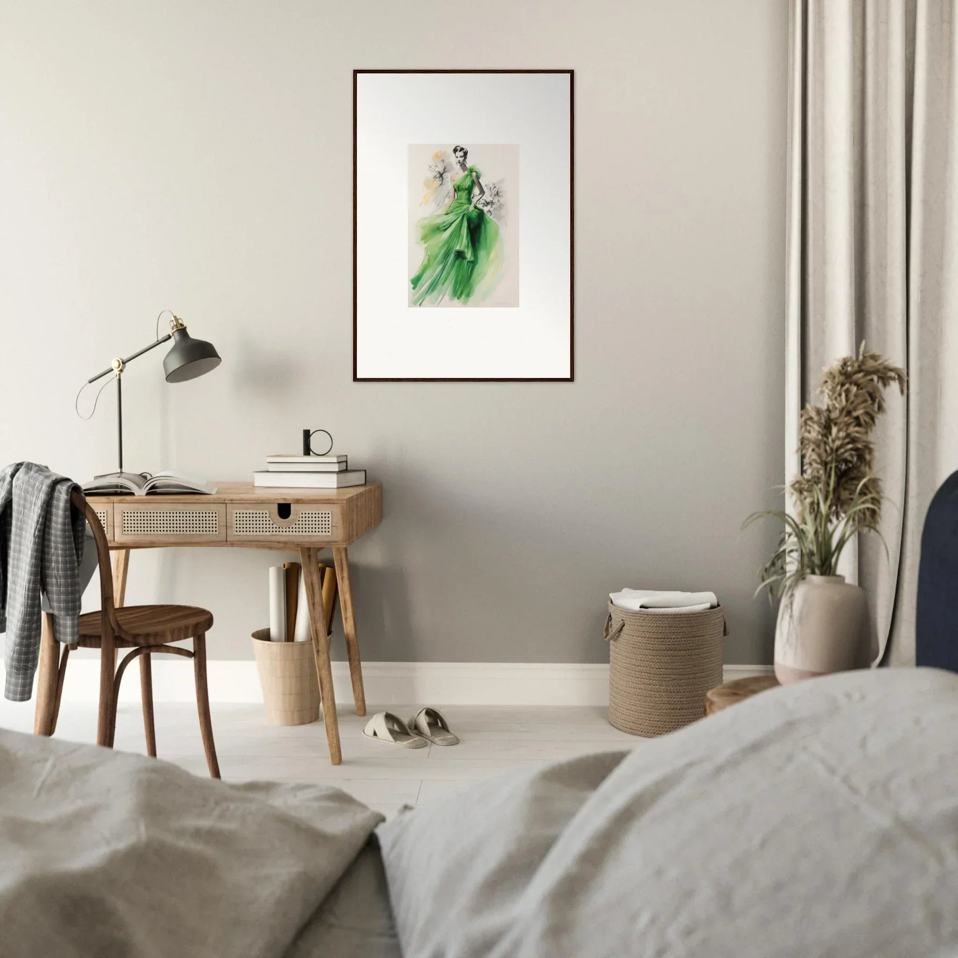 Minimalist bedroom featuring Viscous Emerald Whirl framed wall art and a wooden desk