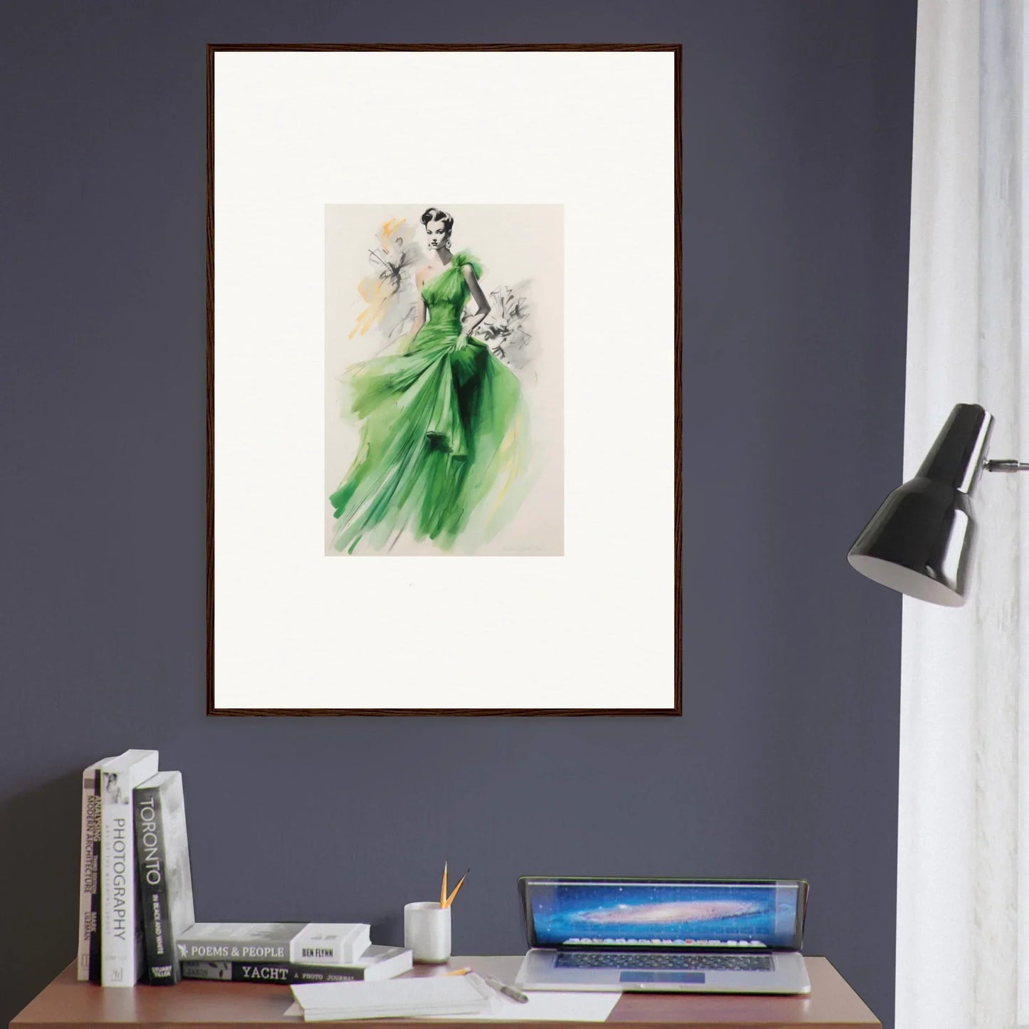 Fashion illustration of a Viscous Emerald Whirl evening gown in stunning watercolor