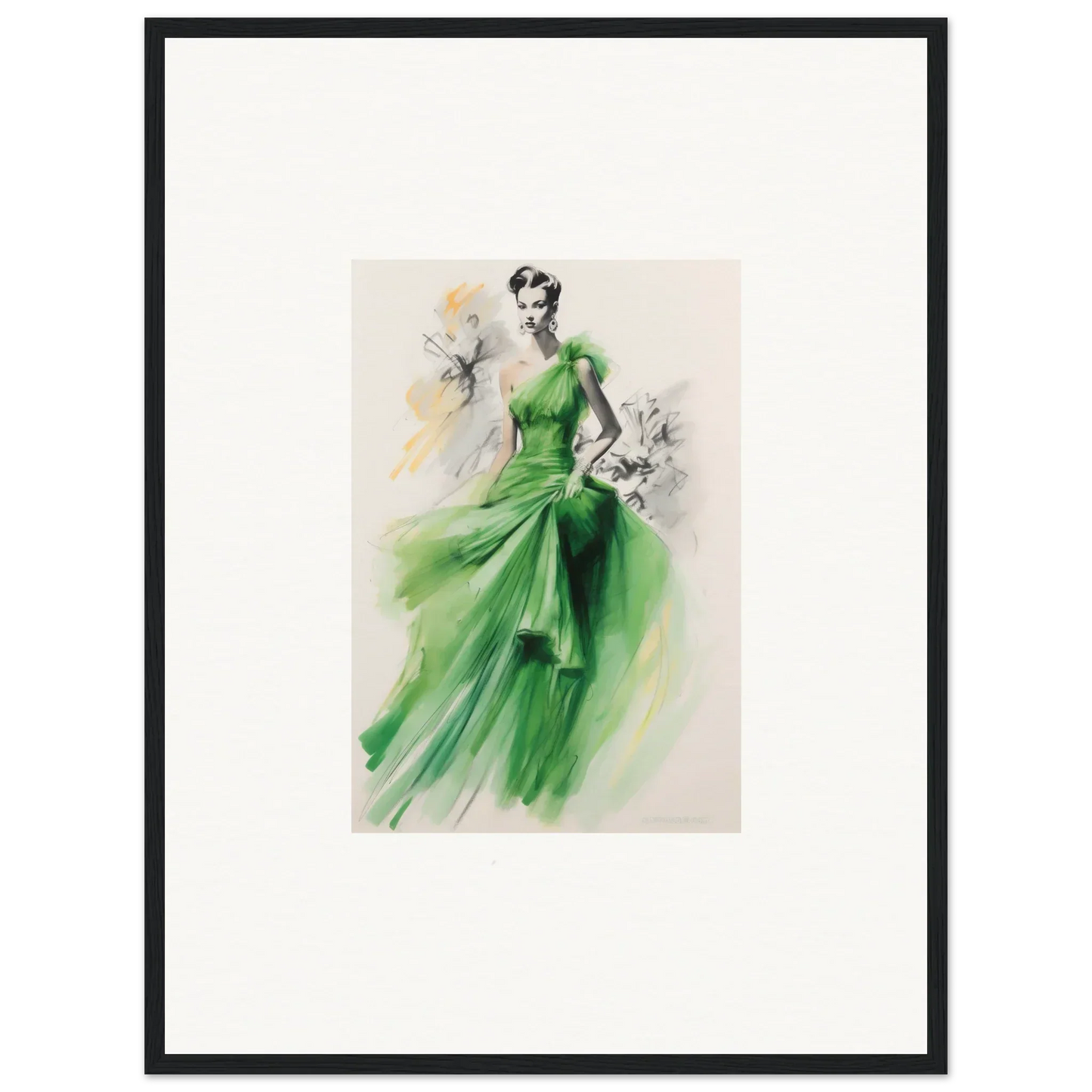 Fashion illustration of a flowing emerald green evening gown, Viscous Emerald Whirl framed wall art