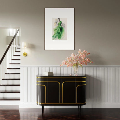 Art deco black cabinet with gold trim in Viscous Emerald Whirl special edition art style