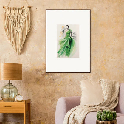 Framed wall art of Viscous Emerald Whirl featuring a flowing green dress design