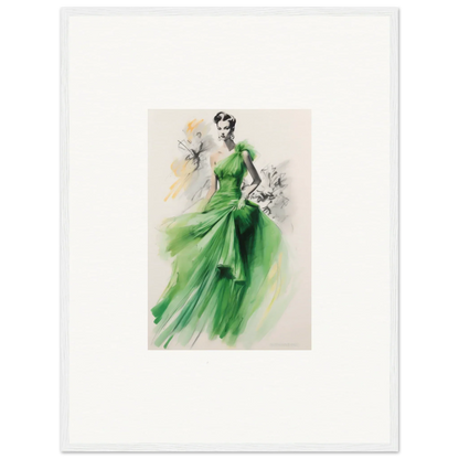 Fashion illustration of a flowing emerald green gown, Viscous Emerald Whirl special edition art™