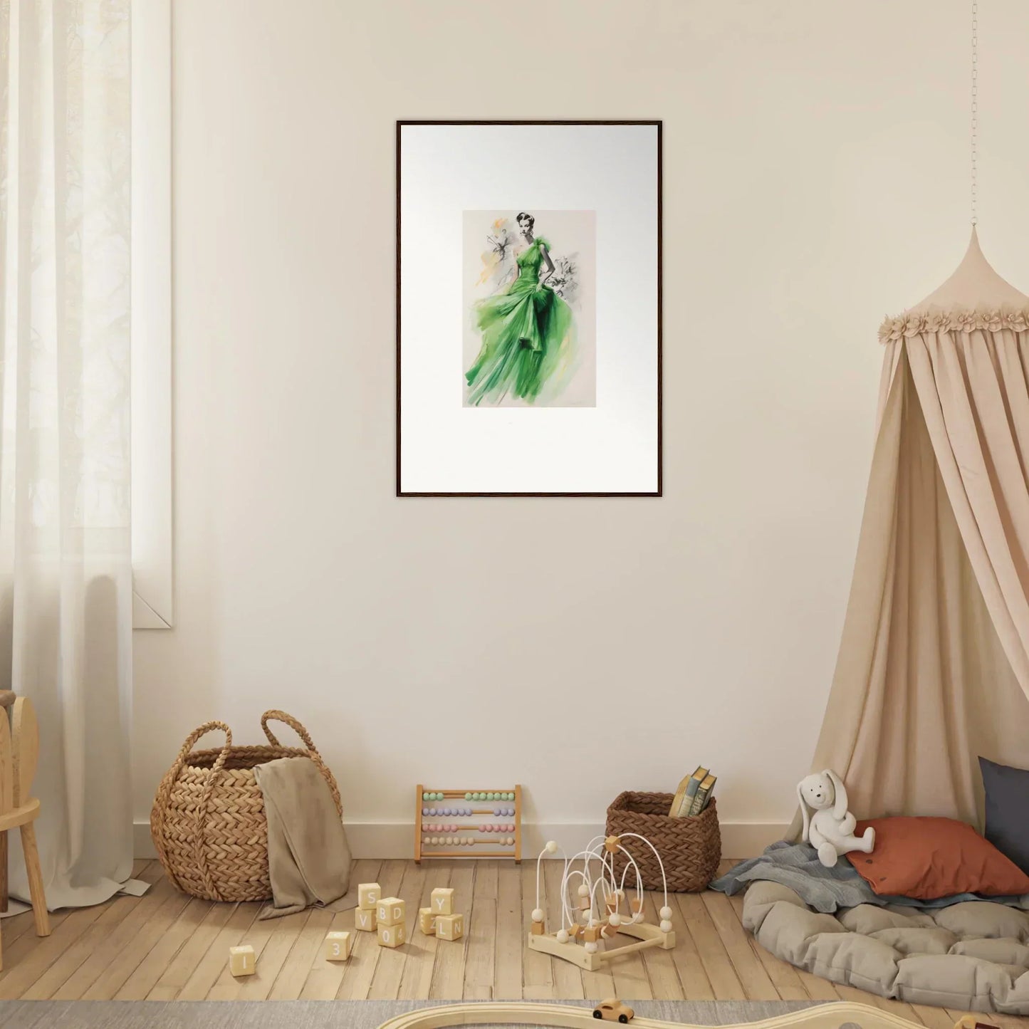 Framed wall art of a flowing green evening gown from Viscous Emerald Whirl special edition art™