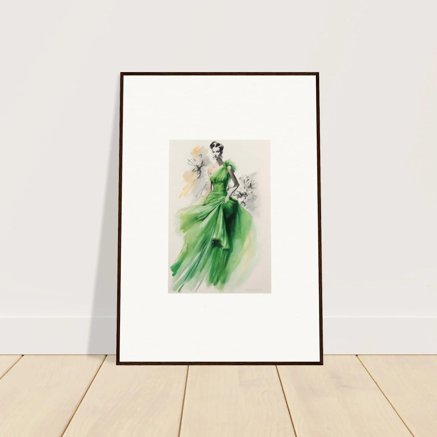 Framed wall art of a flowing emerald green evening gown, Viscous Emerald Whirl special edition art™