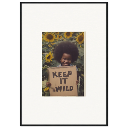 Framed photo of a KEEP IT WILD sign among sunflowers in Visions Bloom Exuberance