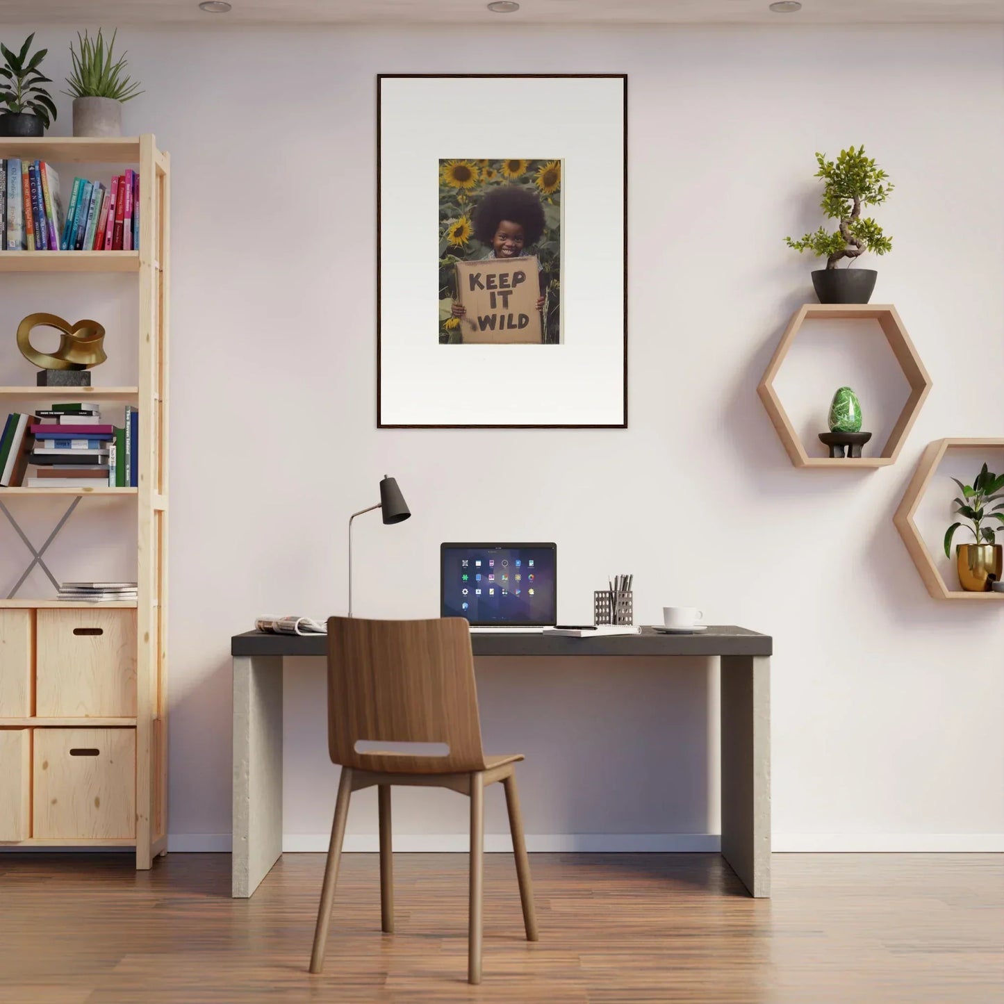 Simple home office workspace featuring Visions Bloom Exuberance dark desk and wooden chair