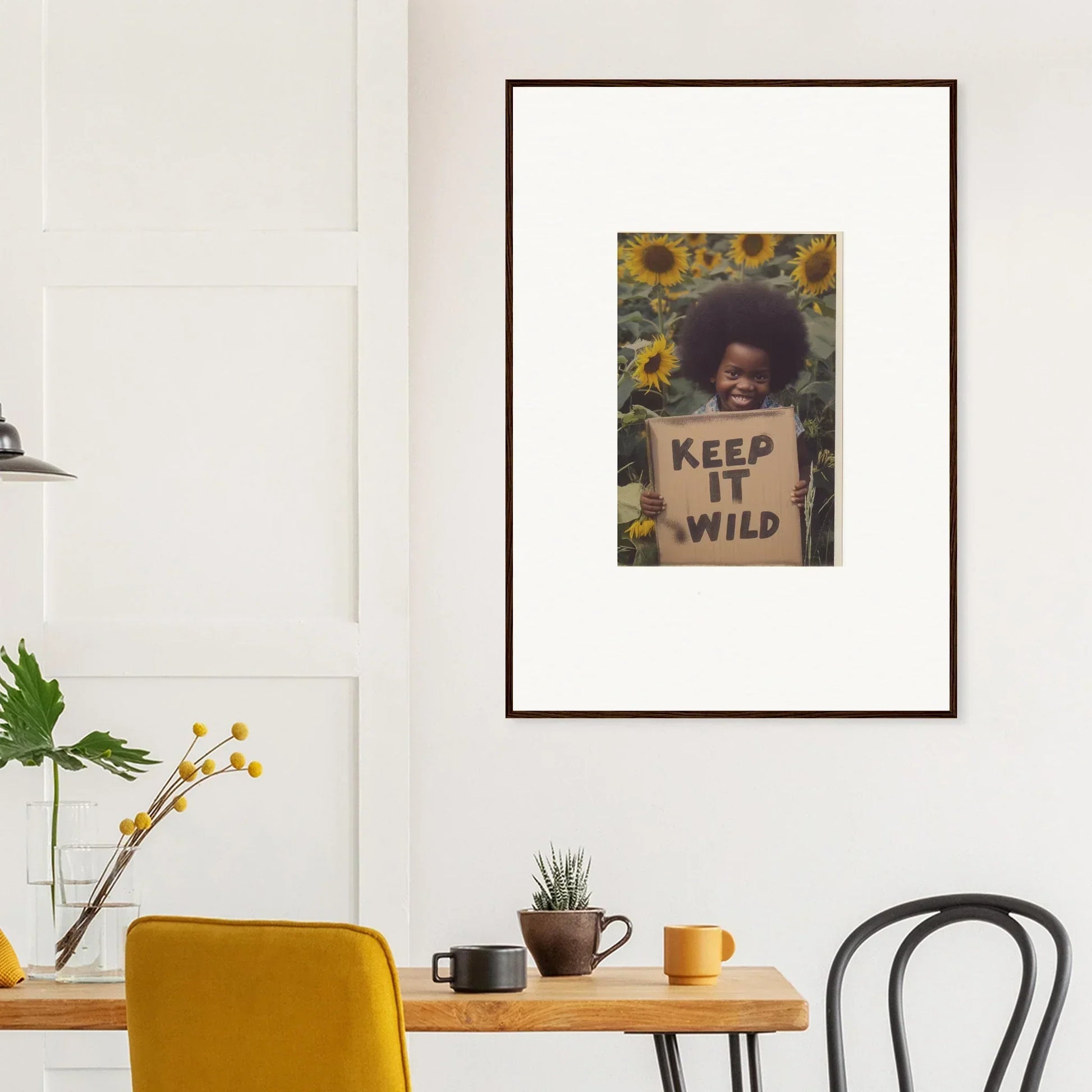 Framed artwork with sunflowers and KEEP IT WILD in Visions Bloom Exuberance design