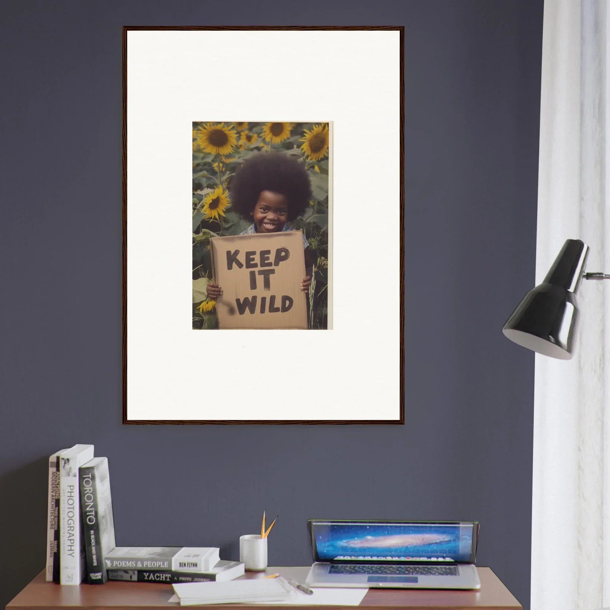 Framed artwork of sunflowers and Keep It Wild in Visions Bloom Exuberance special edition art