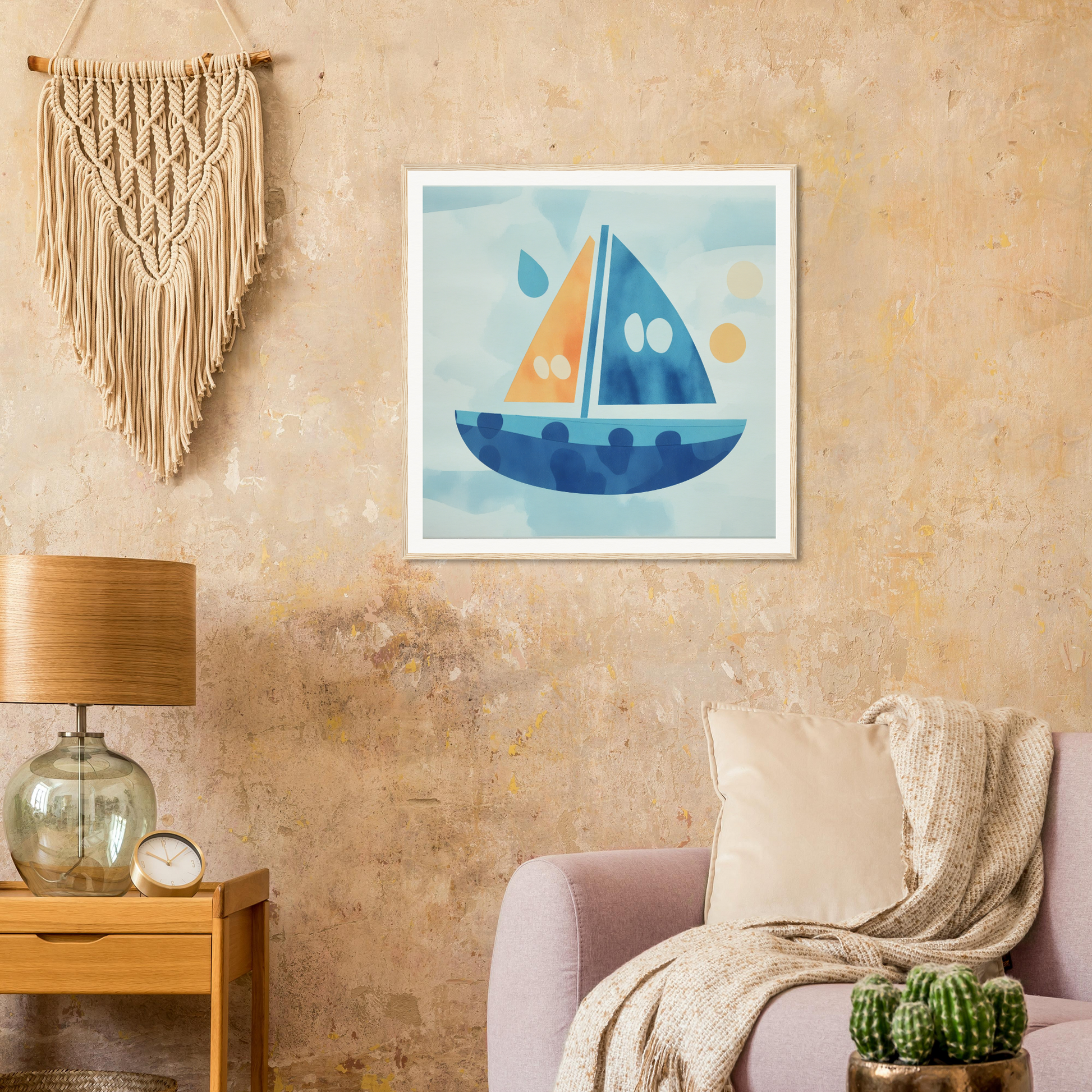 Framed artwork of a sailboat in blue and orange for Vital Vibrant Pathfinder