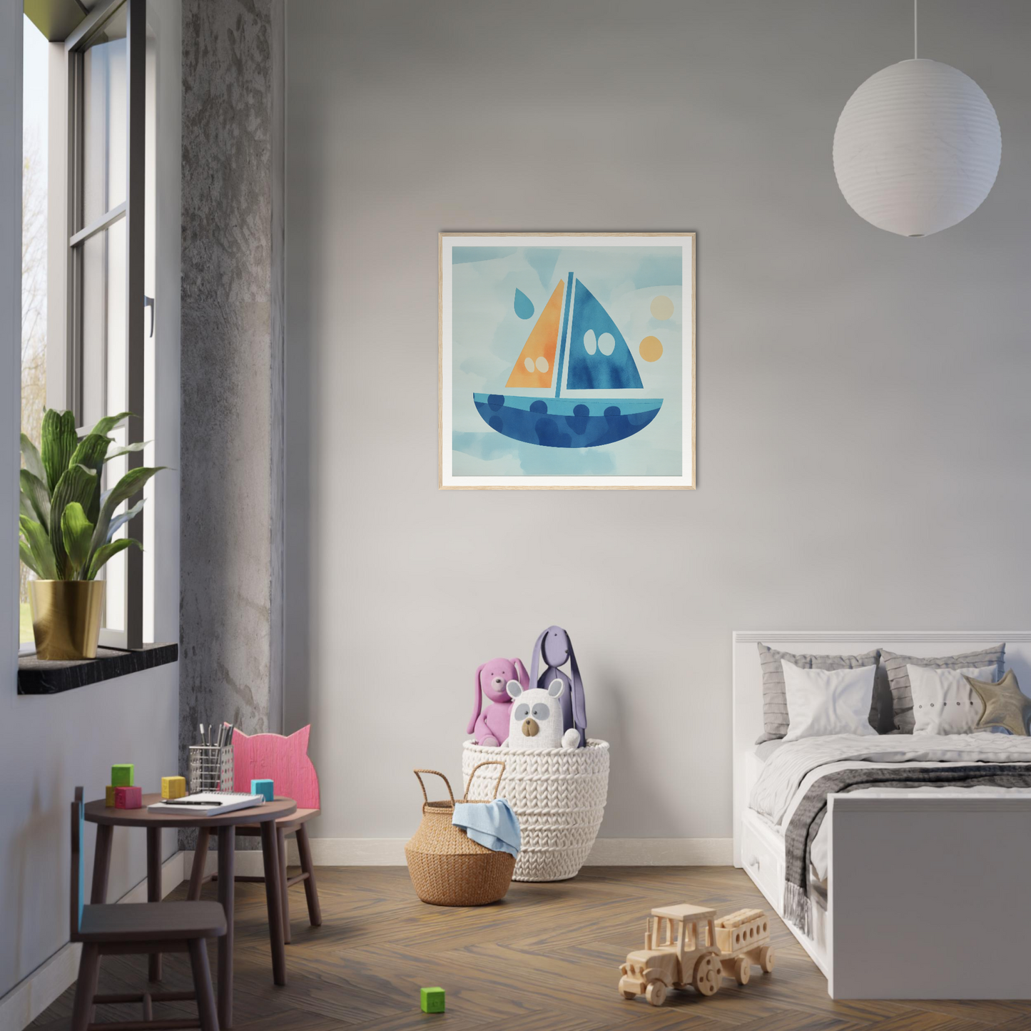 Framed artwork of a blue sailboat with yellow sails from Vital Vibrant Pathfinder