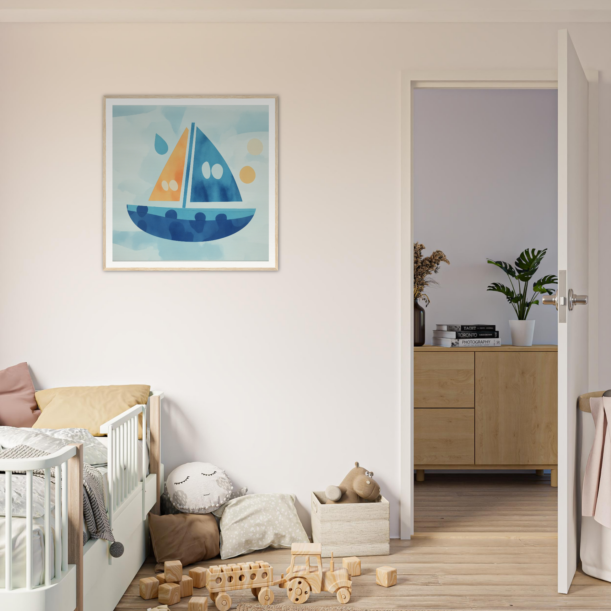 Framed artwork featuring a blue sailboat and geometric shapes from Vital Vibrant Pathfinder