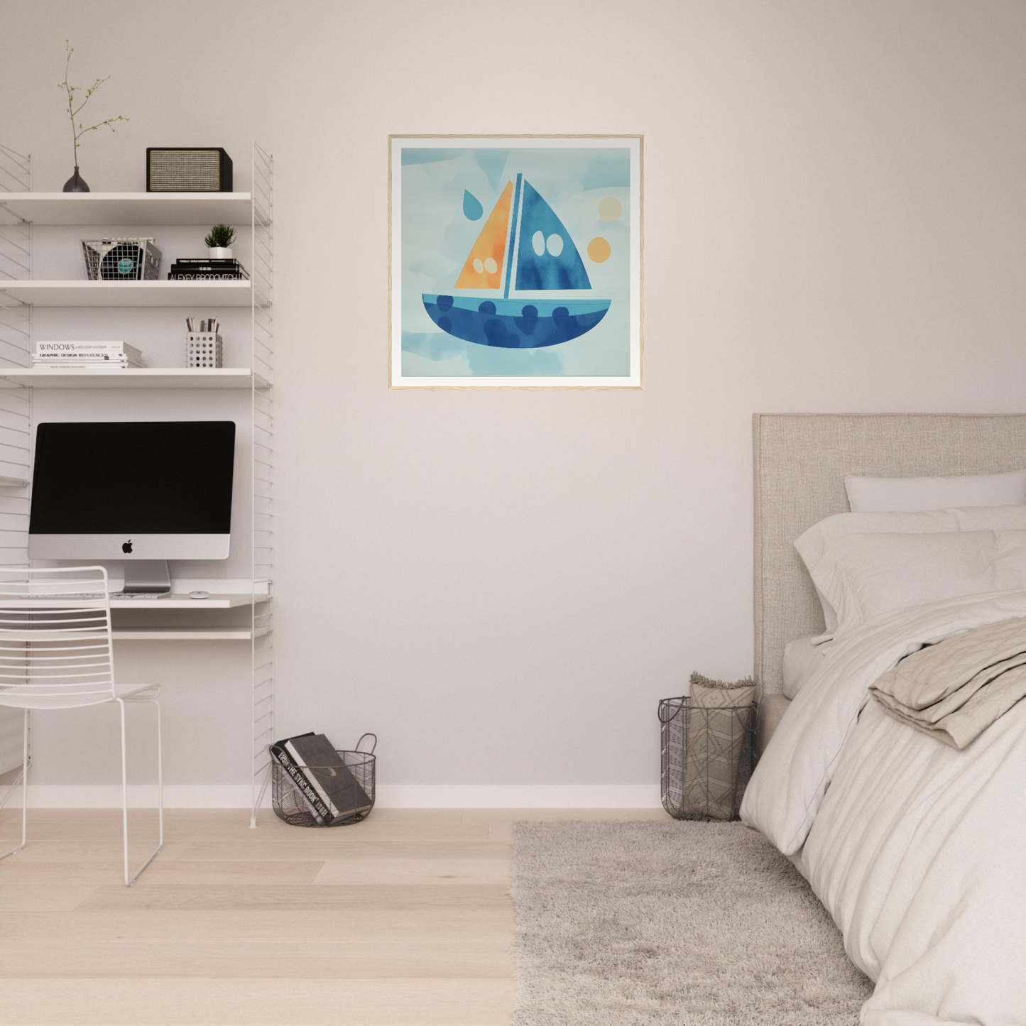 Framed artwork of a sailboat in blue and yellow watercolors from Vital Vibrant Pathfinder