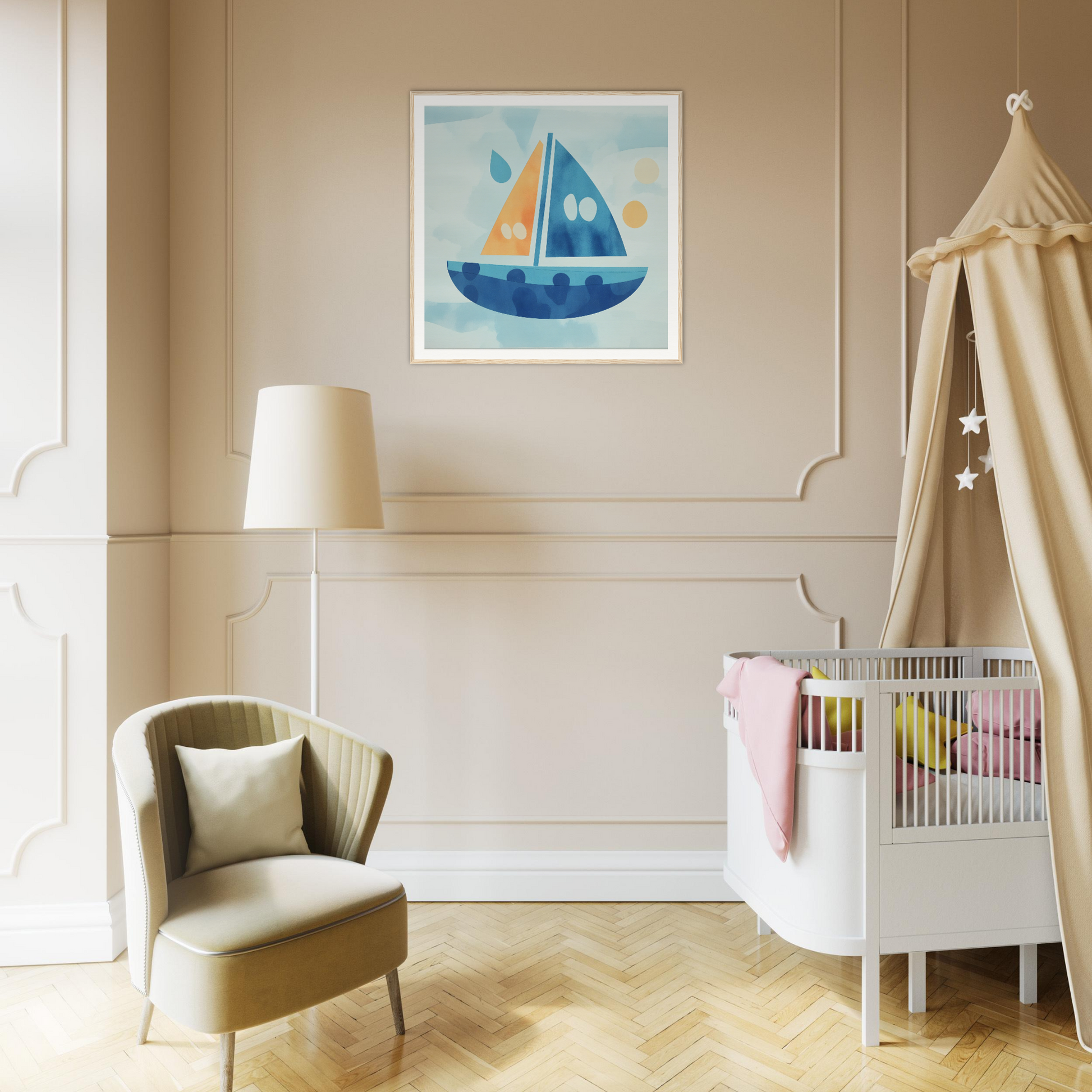 Cozy nursery featuring a white crib and sailboat art in Vital Vibrant Pathfinder design