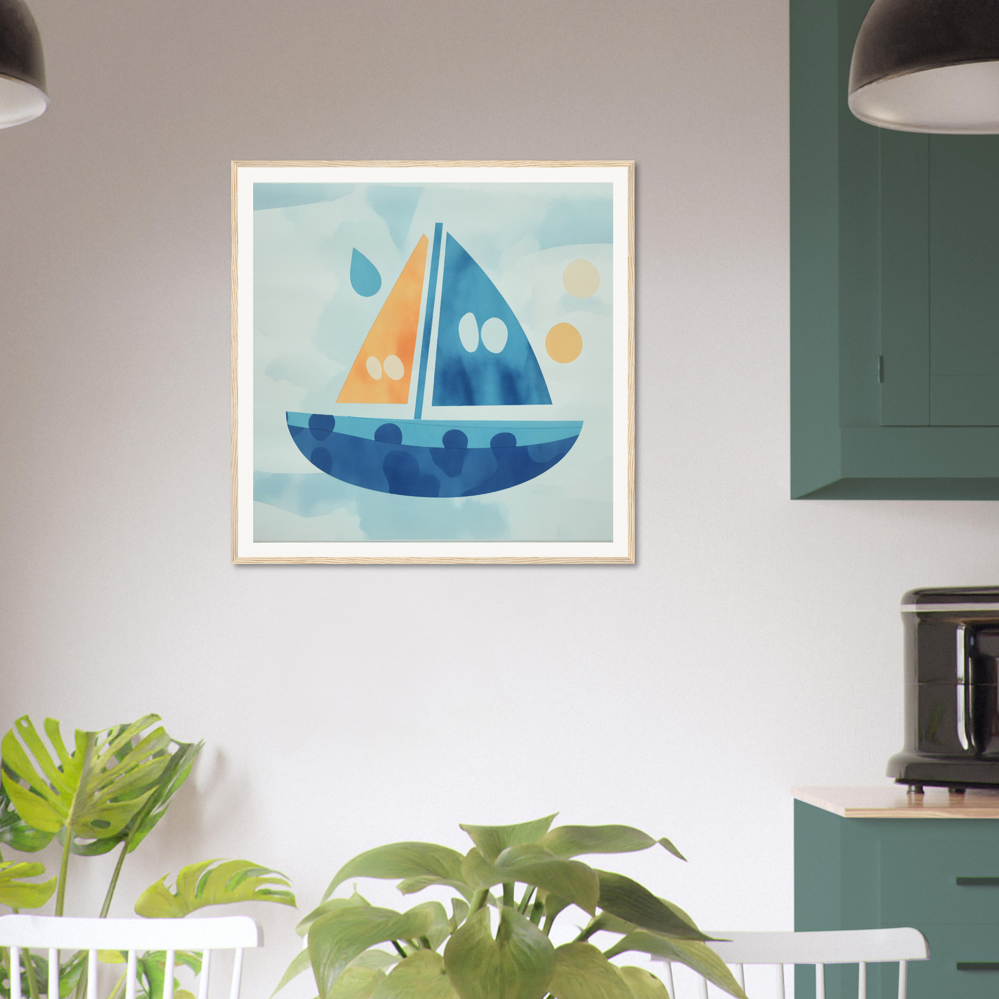 Framed blue sailboat artwork with geometric shapes from Vital Vibrant Pathfinder