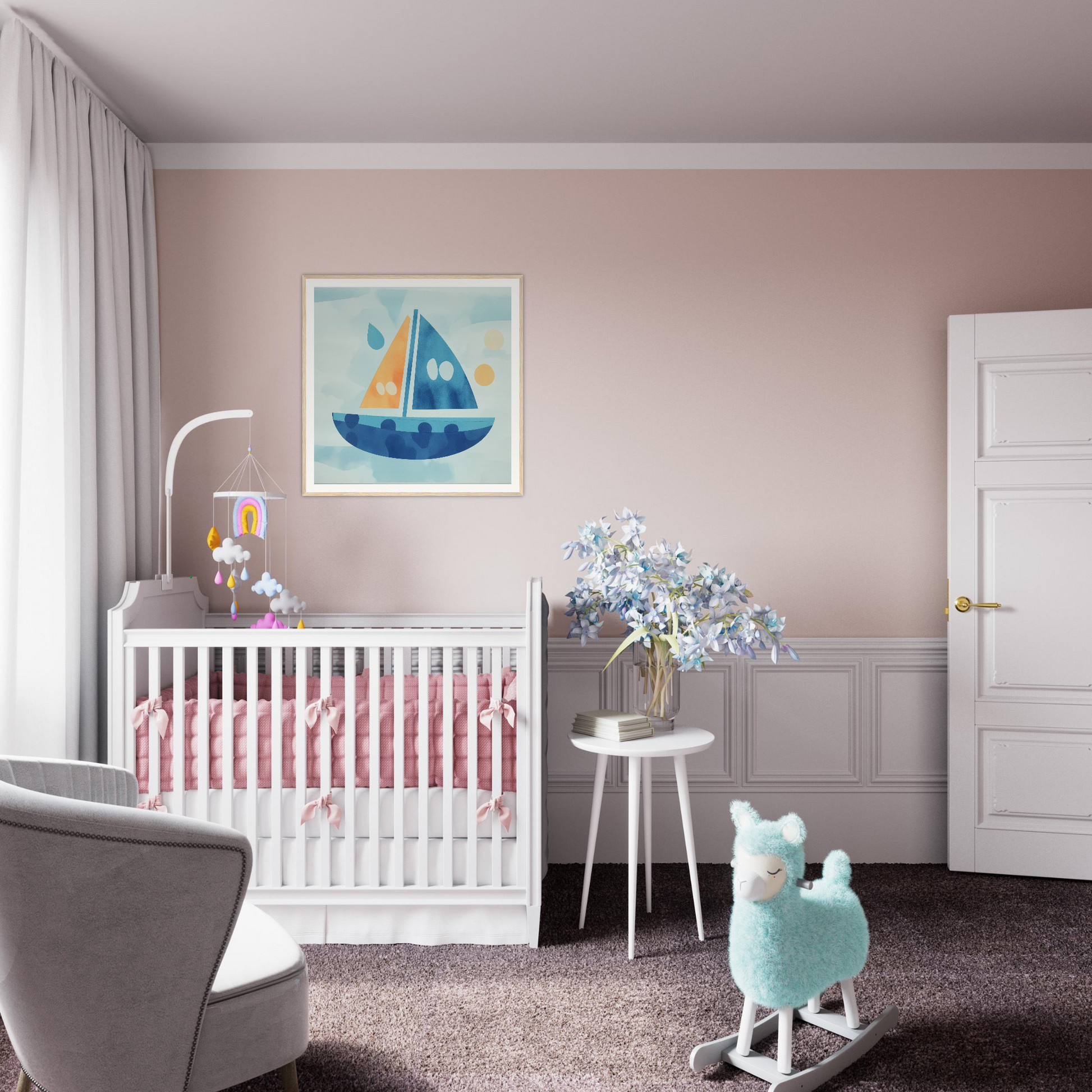 White wooden crib with pink bedding from Vital Vibrant Pathfinder collection