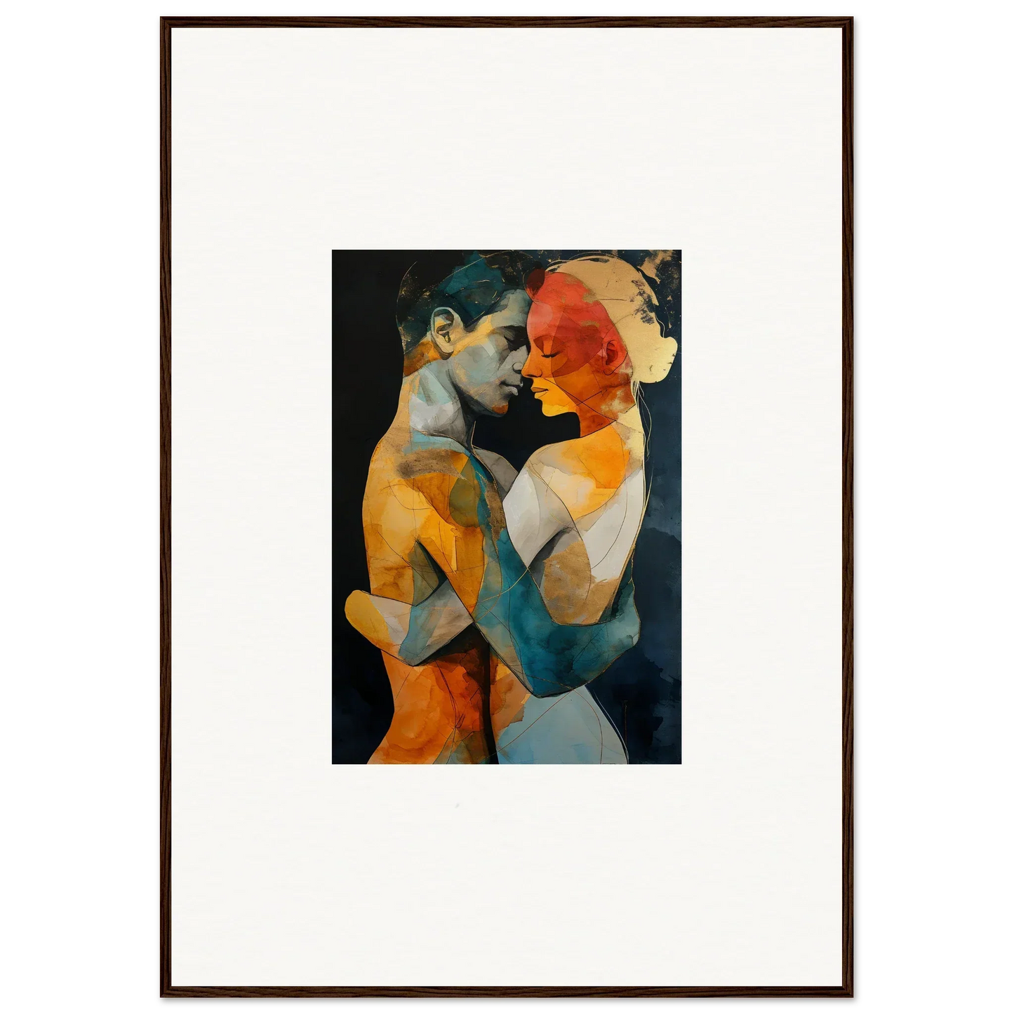 Framed wall art of intertwined figures in vibrant colors for ethereal whispers room decor