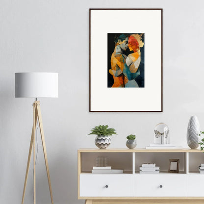 Framed wall art of colorful human figures in intimate pose, inspired by Ethereal Whispers