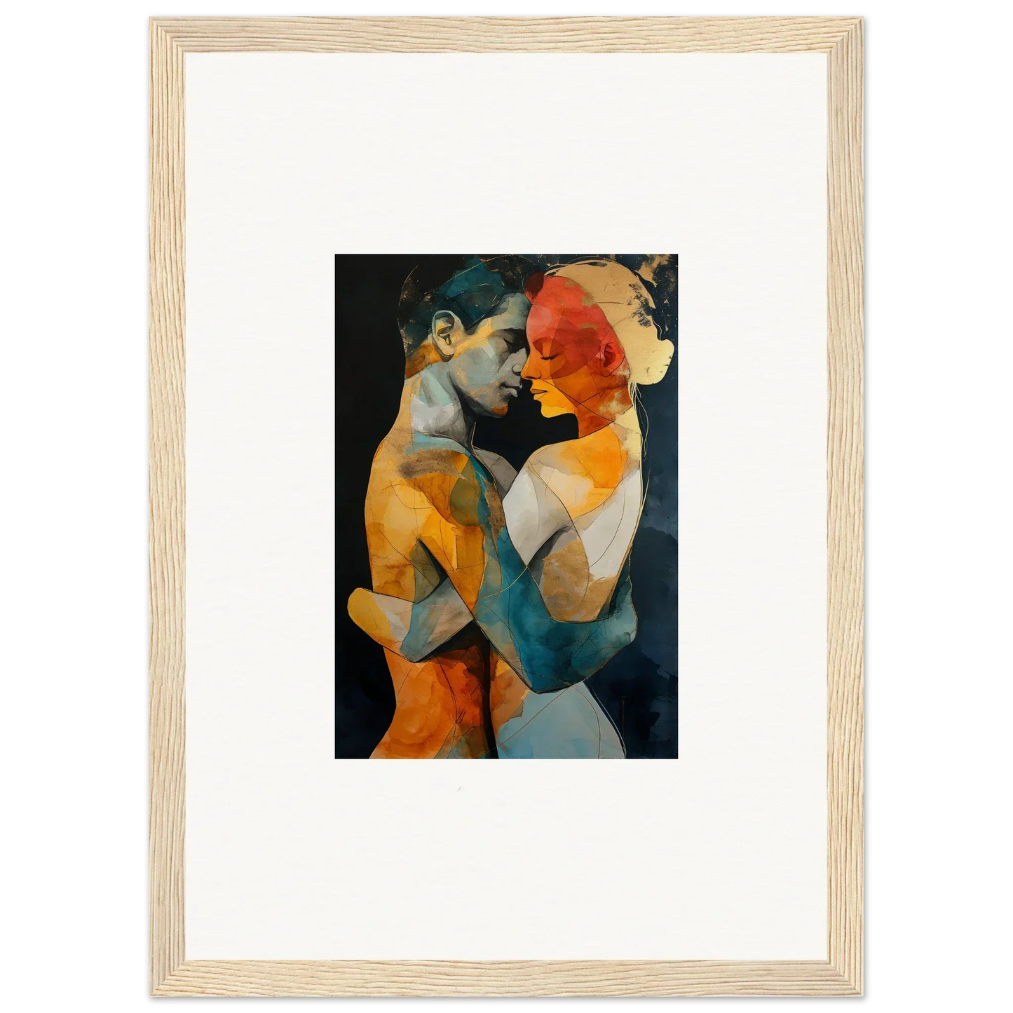 Framed wall art of two embracing figures in vibrant colors for ethereal whispers room decor