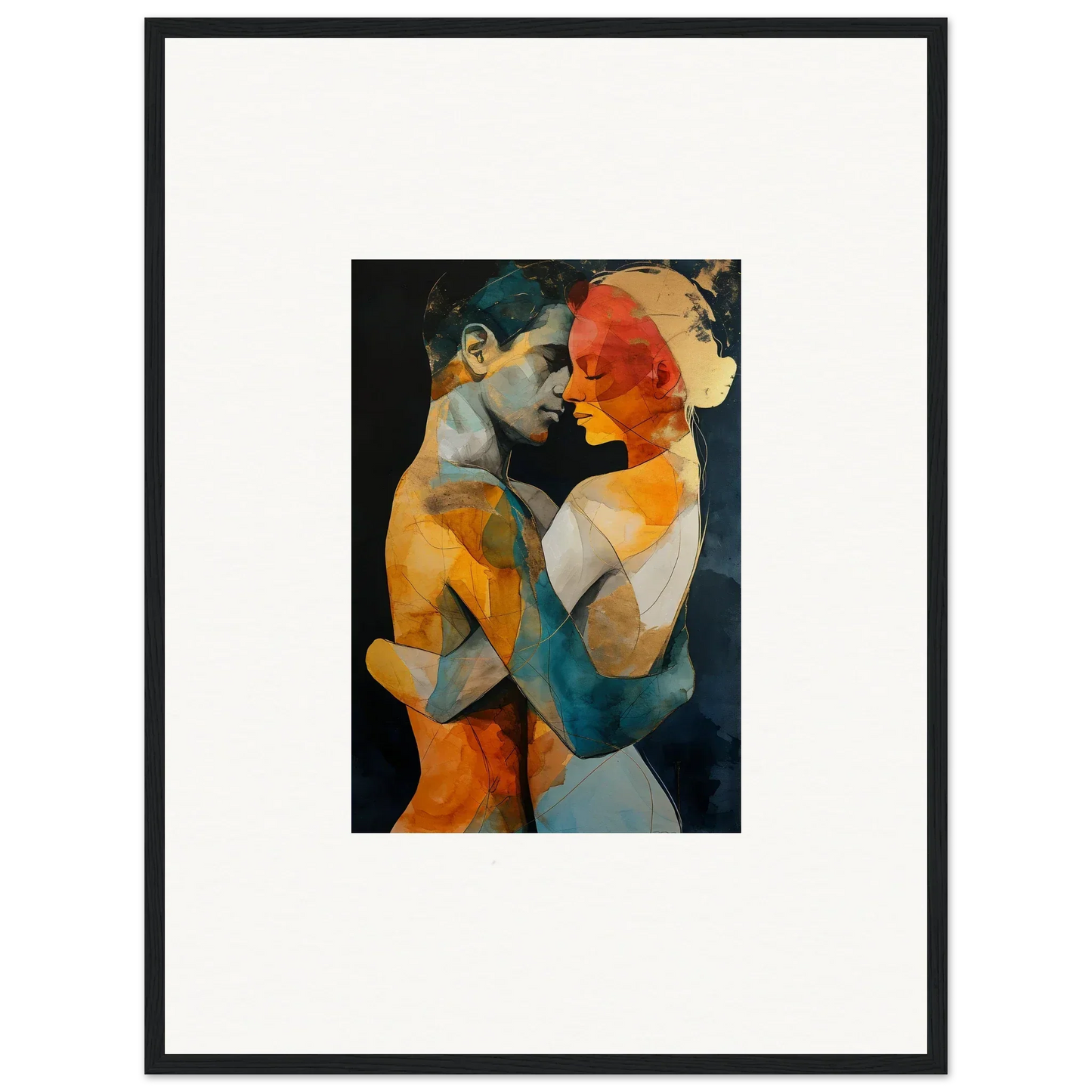 Abstract painting of intertwined figures in warm geometric shapes for ethereal whispers room decor