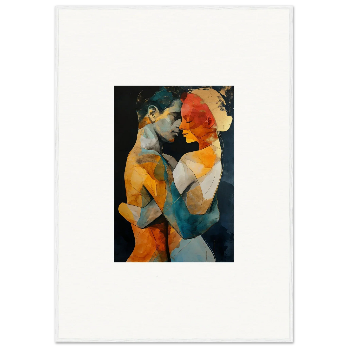 Abstract painting of two figures in embrace, vibrant colors for ethereal whispers room decor