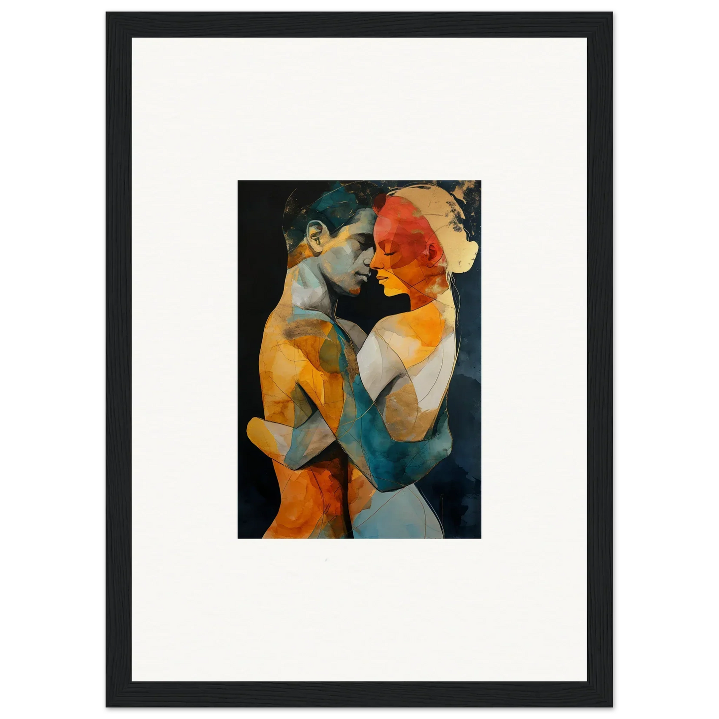 Framed wall art of intertwined figures in vibrant colors, perfect for room decor