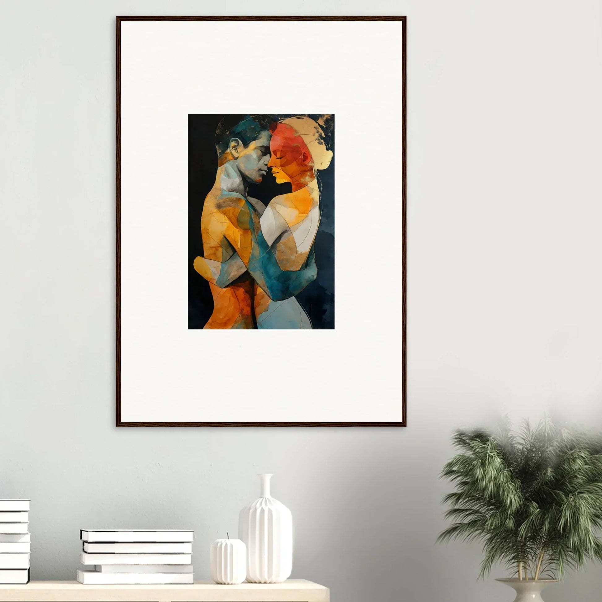 Framed abstract painting of figures in vibrant colors, ideal for room decor and ethereal whispers