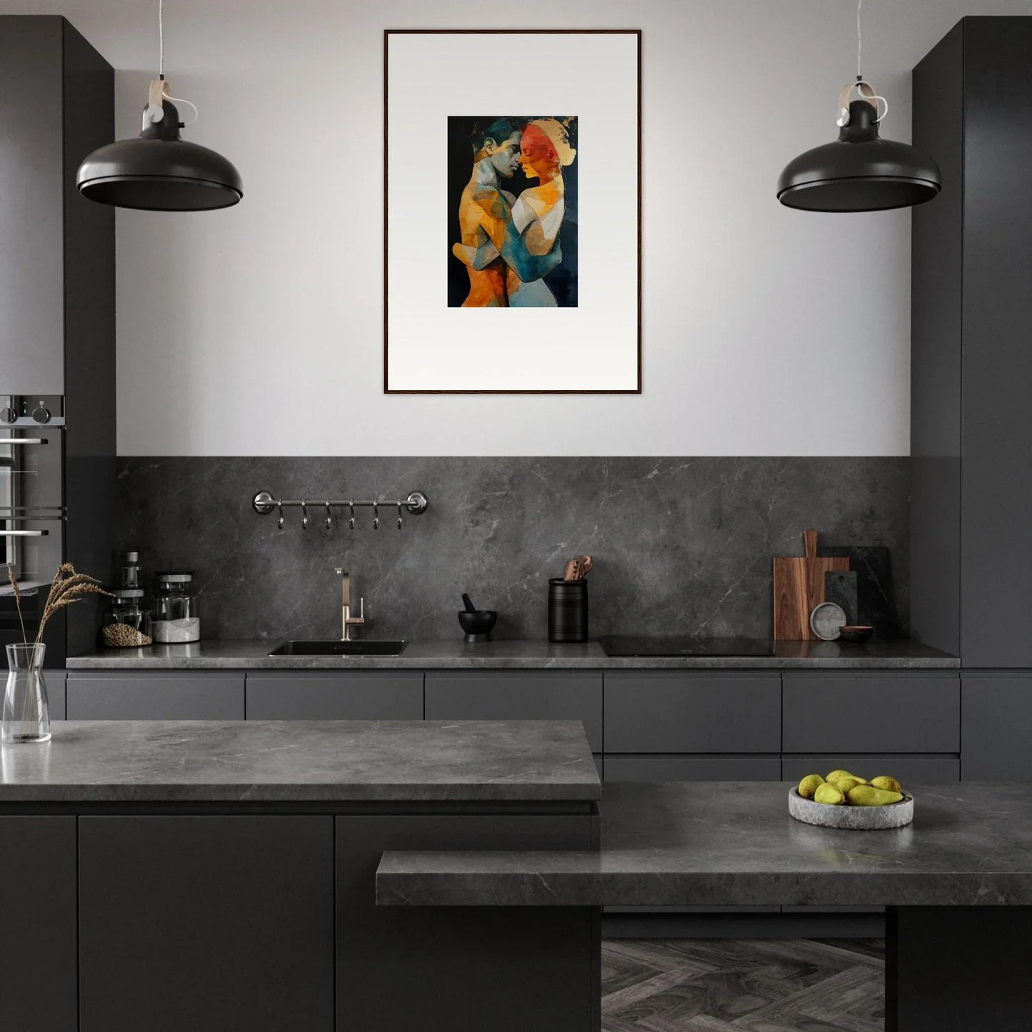 Modern kitchen with dark cabinetry, concrete counters, and ethereal whispers wall art