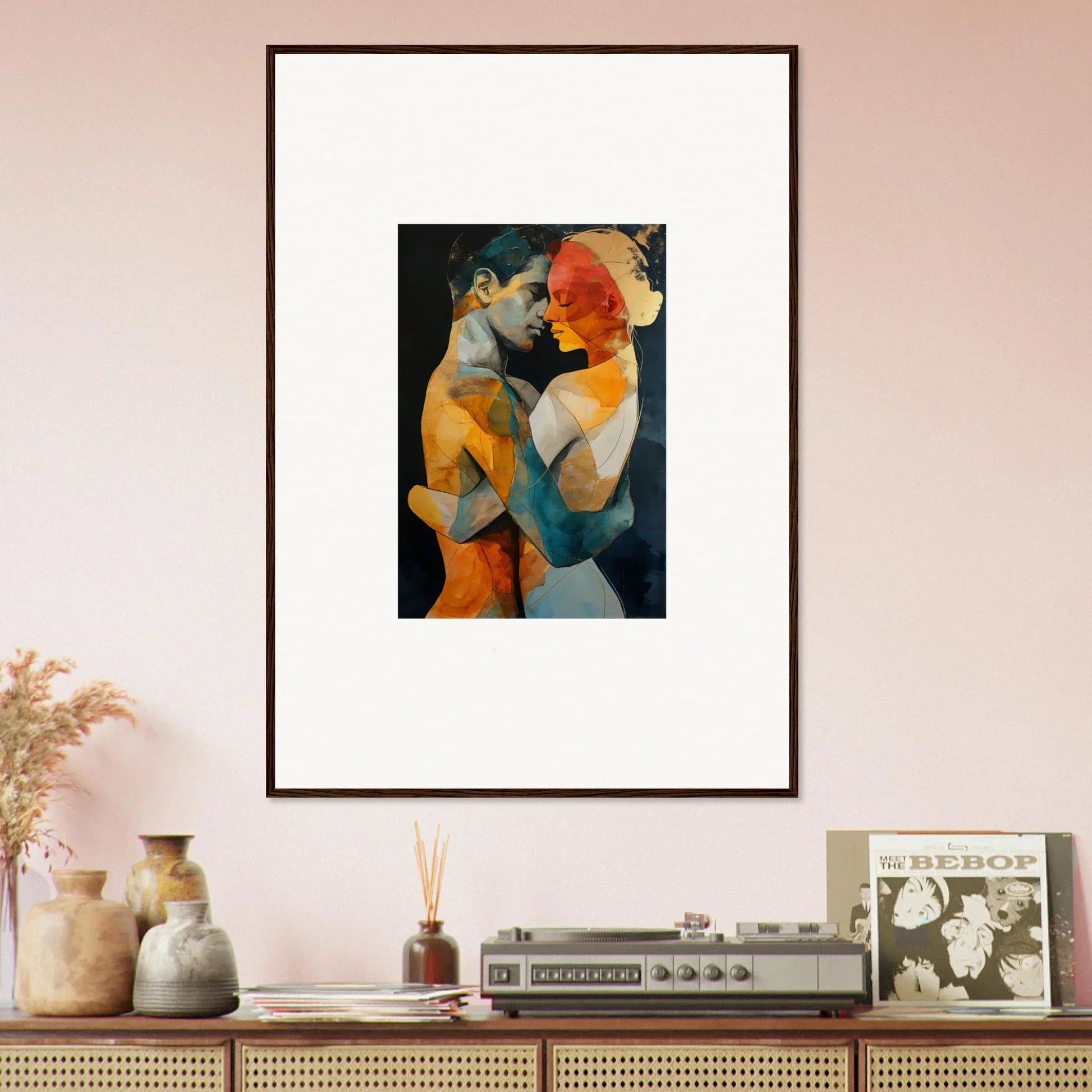 Framed wall art of intertwined figures in vibrant colors for ethereal whispers room decor