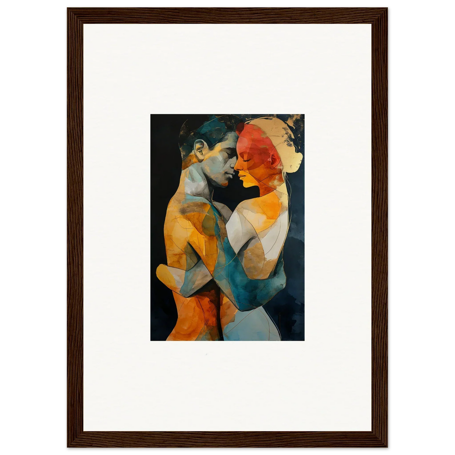 Framed abstract painting of two figures, vibrant colors for ethereal whispers room decor