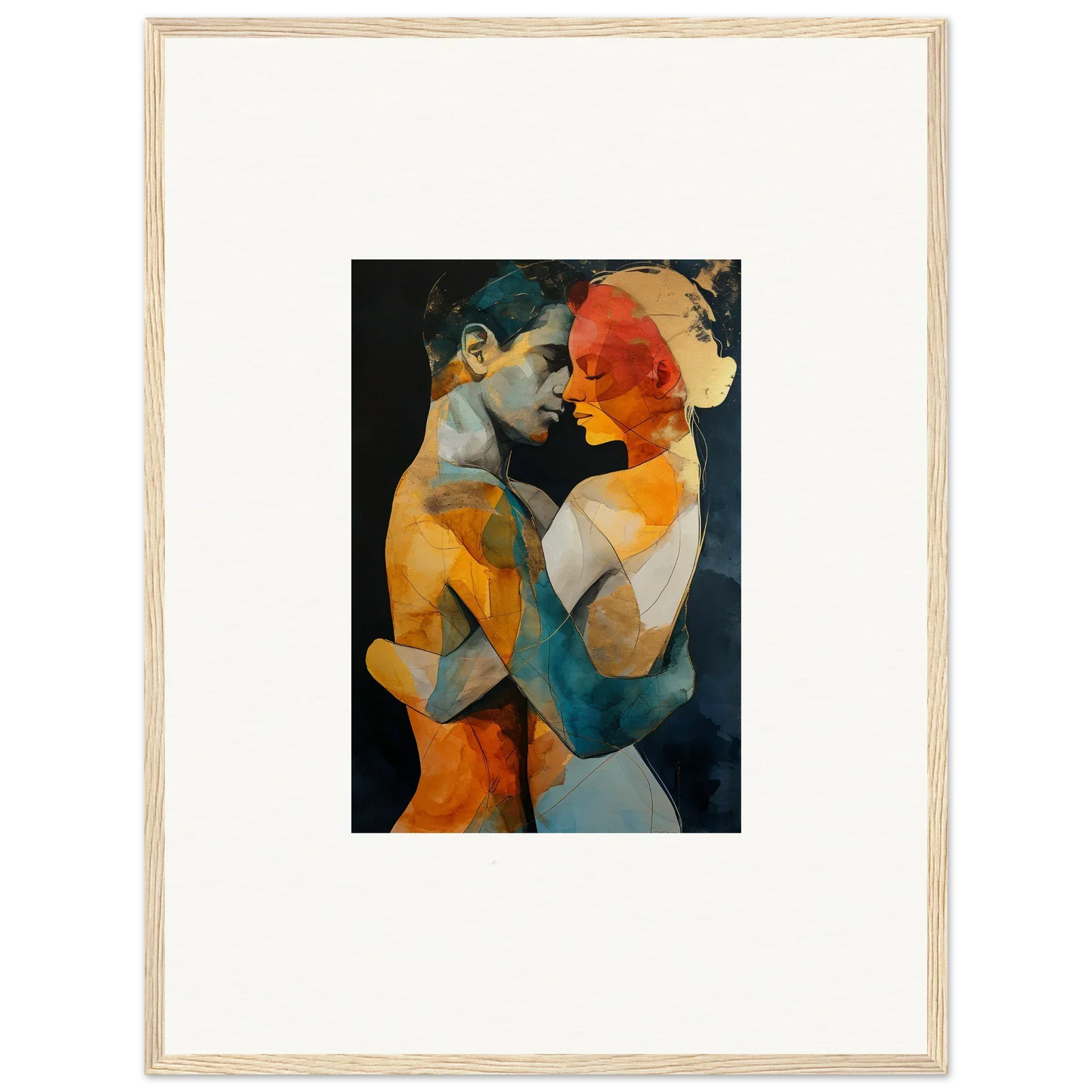 Framed wall art of intertwined figures in vibrant colors, perfect for room decor