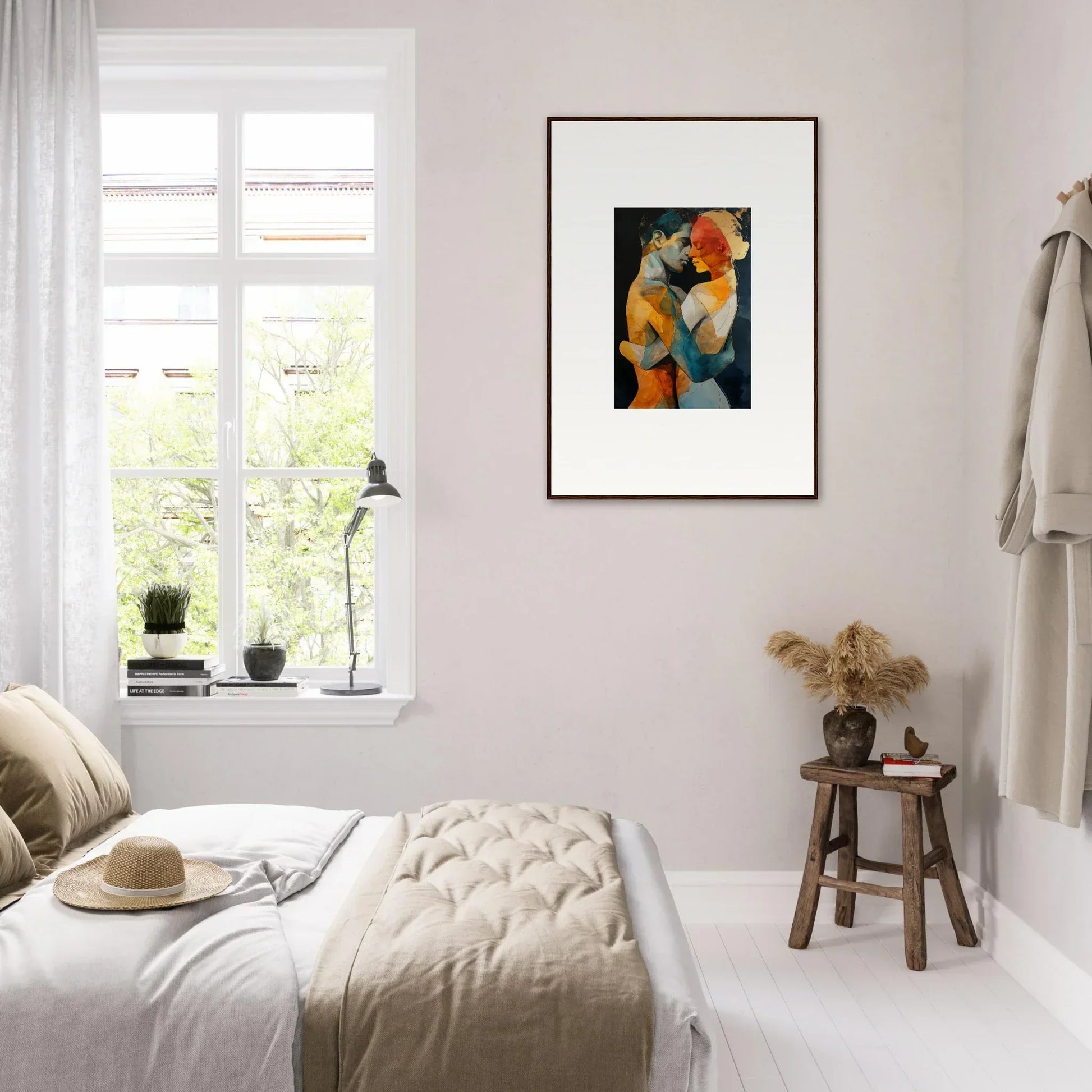 Bright airy bedroom with minimalist decor and colorful framed wall art, Ethereal Whispers