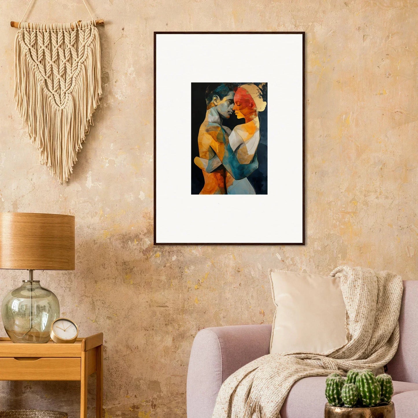 Framed abstract painting of two figures in warm colors for ethereal whispers room decor