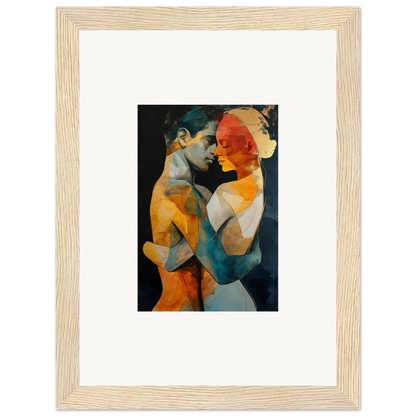 Framed wall art of intertwined figures in orange and blue for ethereal whispers room decor