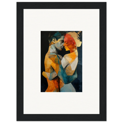 Framed wall art of intertwined figures in orange and blue, perfect for ethereal whispers room decor